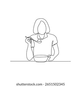 One continuous line drawing of a daily business woman activity vector illustration. breakfast activity in simple linear style vector design concept. Suitable for business purpose and design asset.