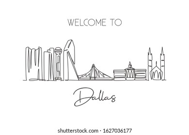 One continuous line drawing of Dallas city skyline, United States of America. Beautiful landmark. World landscape travel vacation. Editable stylish stroke single line draw design vector illustration