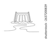 One continuous line drawing of a Dam with water flow to the rice field irrigation system vector illustration. National development theme design in simple linear concept. Suitable for your asset design