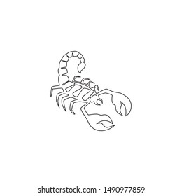 One continuous line drawing of danger scorpion for company logo identity. Dangerous insect mascot concept for poisonous liquid icon. Single line draw design vector graphic illustration