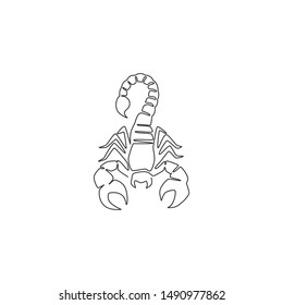 One continuous line drawing of danger scorpion for company logo identity. Dangerous insect mascot concept for poisonous liquid icon. Single line draw design vector illustration graphic