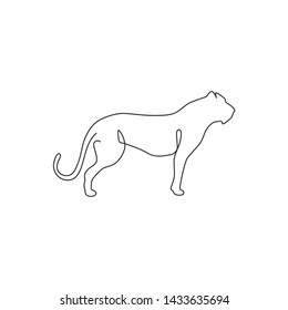 One continuous line drawing of dangerous cheetah for business logo identity. Strong leopard mascot emblem concept for conservation park icon. Trendy single line draw design vector graphic illustration