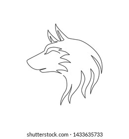 One continuous line drawing of dangerous wolf head for business logo identity. Wolves mascot emblem concept for conservation park icon. Trendy single line draw design vector graphic illustration
