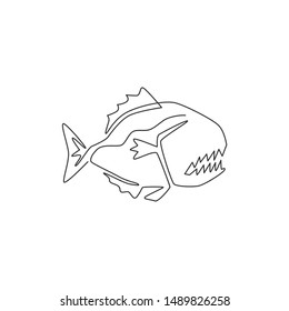 One continuous line drawing of dangerous piranha for logo identity. Monster fish mascot concept for dangerous river sign icon. Single line draw design vector graphic illustration