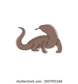 One continuous line drawing of dangerous komodo dragon for company logo identity. Wild protected reptile animal mascot concept for conservation national park. Single line draw design illustration