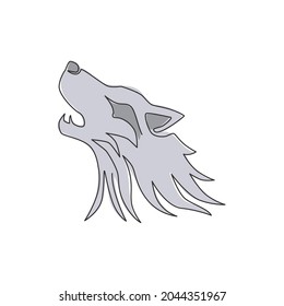 Un dibujo continuo de la peligrosa cabeza de lobo para la identidad del logo comercial. Concepto de emblema de mascota lobos para el icono del parque de conservación. Ilustración gráfica del vector de diseño de líneas simples de moda