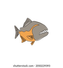 Un dibujo de línea continua de pirana peligrosa para la identidad del logo. Concepto de mascota de peces monstruo para el icono de señas de río peligroso. ilustración vectorial de diseño de línea única