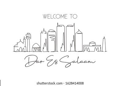 One continuous line drawing of Dar Es Salaam skyline, Tanzania. Beautiful city landmark. World landscape tourism travel wall decor poster print art. Stylish single line draw design vector illustration