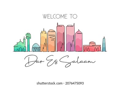 One continuous line drawing of Dar Es Salaam skyline, Tanzania. Beautiful city landmark. World landscape tourism travel wall decor poster print art. Stylish single line draw design vector illustration