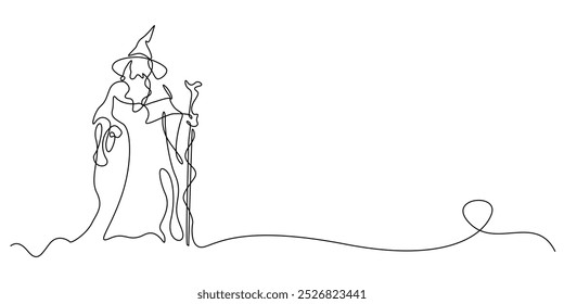 one continuous line drawing of dark witch.one line drawing of evil witch.single line vector illustration of witch in story world.isolated white background