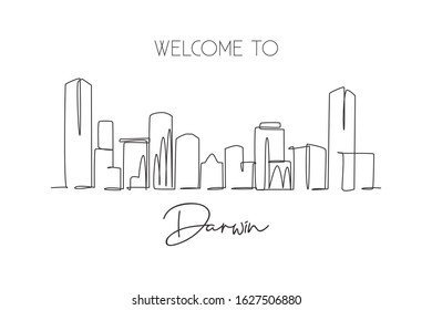 One continuous line drawing of Darwin city skyline, Australia. Beautiful landmark. World landscape tourism travel vacation poster. Editable stylish stroke single line draw design vector illustration