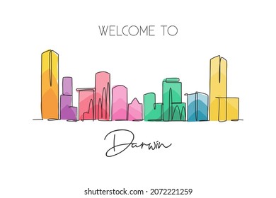 One continuous line drawing of Darwin city skyline, Australia. Beautiful landmark. World landscape tourism travel vacation poster. Editable stylish stroke single line draw design vector illustration