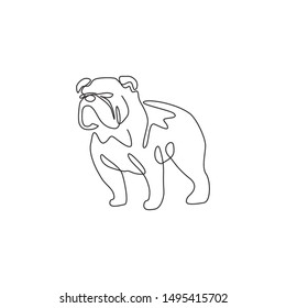 One continuous line drawing of dashing bulldog for company logo identity. Purebred dog mascot concept for pedigree friendly pet icon. Modern single line draw design vector graphic illustration