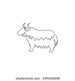 One continuous line drawing of dashing yak for company logo identity. Ox mammal mascot concept for livestock icon. Modern single line draw graphic design vector illustration