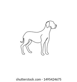 One continuous line drawing of dashing great dane dog for security company logo identity. Purebred dog mascot concept for pedigree friendly pet icon. Modern single line draw design vector illustration