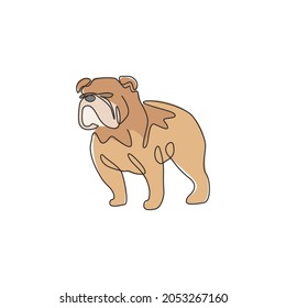 One continuous line drawing of dashing bulldog for company logo identity. Purebred dog mascot concept for pedigree friendly pet icon. Modern single line draw design vector graphic illustration