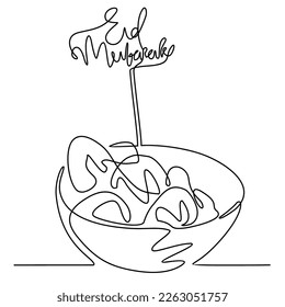 One continuous line drawing of dates in deep bowl as food for eid mubarak celebration. arabian food in simple linear style. food for eid mubarak celebration design concept. Vector illustration