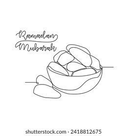 One continuous line drawing of dates in plates and one glass drink for iftar Ramadan. Arabian food in simple linear style. food for iftar Ramadan celebration design concept. Vector illustration