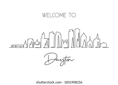 One continuous line drawing of Dayton city skyline, Ohio. Beautiful landmark. World landscape tourism travel home wall decor poster print. Stylish single line draw design vector graphic illustration