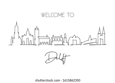 One continuous line drawing of Delft city skyline, Netherlands. Beautiful skyscraper postcard. World landscape tourism travel vacation wall decor poster. Single line draw design vector illustration