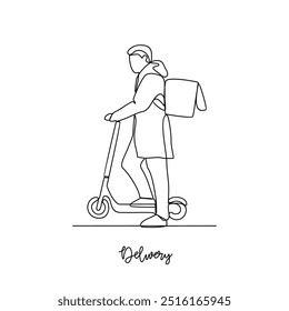 One continuous line drawing of delivery transportation activity vector illustration. Illustration package delivery while the goods will be given to the customer  in simple linear style vector concept.