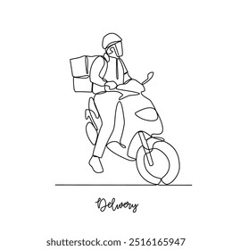 One continuous line drawing of delivery transportation activity vector illustration. Illustration package delivery while the goods will be given to the customer  in simple linear style vector concept.