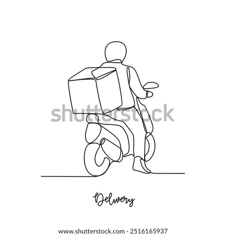 One continuous line drawing of delivery transportation activity vector illustration. Illustration package delivery while the goods will be given to the customer  in simple linear style vector concept.