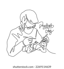 One continuous line drawing of Dentist is examining patient in the clinic . Dentist Day design with simple linear style. Dentist Day design concept Vector illustration