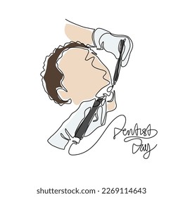 Eine durchgehende Zeichnung von Dentist untersucht den Patienten in der Klinik . Dentist Day Design mit einfachem linearen Stil. Dentist Day Design Konzept Vektorgrafik