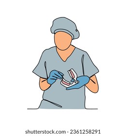 Eine fortlaufende Linienzeichnung der Zahnarztpraxis mit weißem Hintergrund. Dentist Berufsdesign Konzept in einfachem linearen Stil. Dentist Berufsdesign Konzept Vektorgrafik.