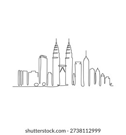 One continuous line drawing depicts the kuala lumpur skyline malaysia