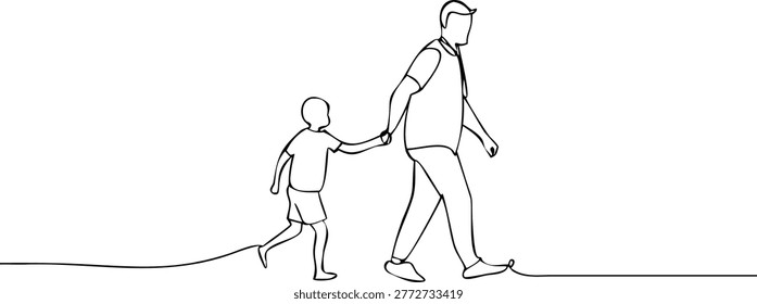 one continuous line drawing depicts a father and son holding hands, walking in unison. represents family bond, love, and companionship.