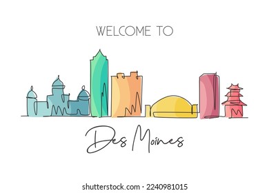 Un dibujo continuo de la ciudad de Des Moines, Iowa. Hermoso punto de referencia. Afiche de arte, postal. Ilustración vectorial de diseño de trazos de línea simple con estilo