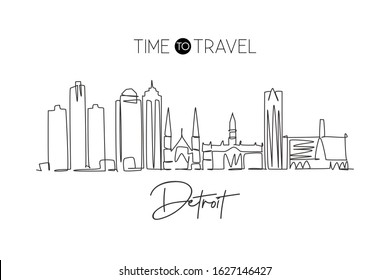 One continuous line drawing of Detroit city skyline, USA. Beautiful landmark. World landscape tourism travel vacation poster print. Editable stylish stroke single line draw design vector illustration