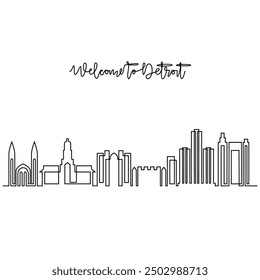 Un dibujo lineal continuo de la Ilustración vectorial del horizonte de Detroit. Ciudad moderna en EE.UU. en concepto de diseño de Vector de estilo lineal simple. Gran ciudad en Estados Unidos. Edificio emblemático del horizonte arquitectónico