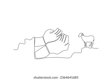 One continuous line drawing of dhikr hands and goat eid al adha concept
