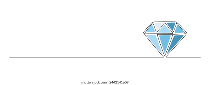 One continuous line drawing of Diamond. Crystal jewel stone symbol logo in simple linear style. Jewellery and gemstone store banner in Editable stroke. Doodle contour vector illustration