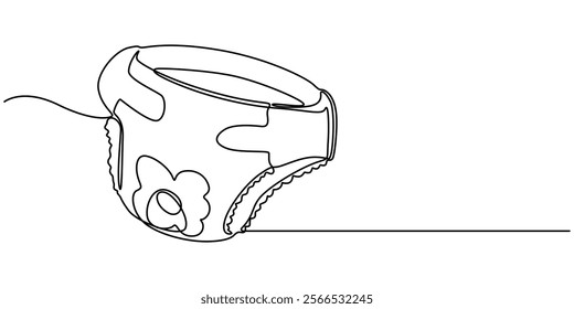 One Continuous Line Drawing of Diaper Icon. Single Line Vector Illustration, continuous. Line art, drawing baby diapers. Vector illustration on white background, Newborn art. Baby outline pro vector.