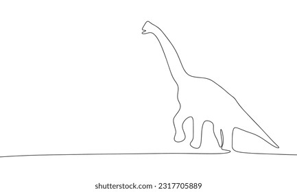 One Continuous line drawing of dinosaur brachiosaurus. Thin curls and romantic symbols in simple linear style. Minimalistic Doodle vector illustration