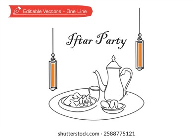 One continuous line drawing of a dish tray, a plate of food, a bowl of dates, a teapot, a cup and lanterns. Vector illustration of Iftar Ramadan Kareem, Ramadan Mubarak one line drawing.