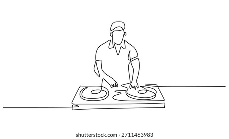 Un dibujo de línea continua de un DJ tocando música en un tocadiscos de vinilo retro, un icono del entretenimiento.