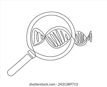One continuous line drawing of DNA and Magnifying glass. Can used for logo, emblem, slide show and banner. Illustration with quote template. 
