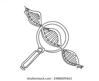  Una línea continua de dibujo de ADN y lupa. Se puede utilizar para el logotipo, emblema, presentación de diapositivas y Anuncio.