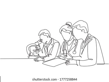 One continuous line drawing of doctor analyze infected patient blood sample using laboratory microscope to find covid vaccine. Coronavirus medical research. Single line draw design vector illustration