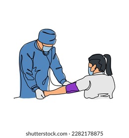 One continuous line drawing of a doctor is examining patient in the clinic or hospital. Health design concept with simple linear style. Health themes vector design illustration concept.