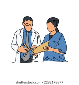 One continuous line drawing of a doctor is examining patient in the clinic or hospital. Health design concept with simple linear style. Health themes vector design illustration concept.