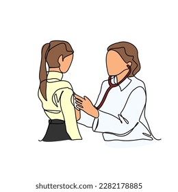One continuous line drawing of a doctor is examining patient in the clinic or hospital. Health design concept with simple linear style. Health themes vector design illustration concept.