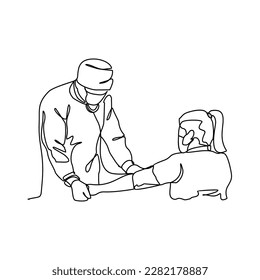 Un dibujo de línea continua de un médico es examinar al paciente en la clínica u hospital. Concepto de diseño de salud con un estilo lineal simple. Concepto de ilustración de diseño vectorial de temas de salud.
