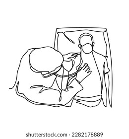 One continuous line drawing of a doctor is examining patient in the clinic or hospital. Health design concept with simple linear style. Health themes vector design illustration concept.