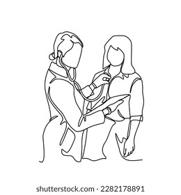 One continuous line drawing of a doctor is examining patient in the clinic or hospital. Health design concept with simple linear style. Health themes vector design illustration concept.